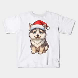 Siberian Husky Dog in Santa Hat Kids T-Shirt